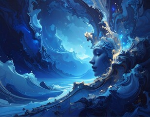 Surreal portrait of a serene woman emerging from flowing water