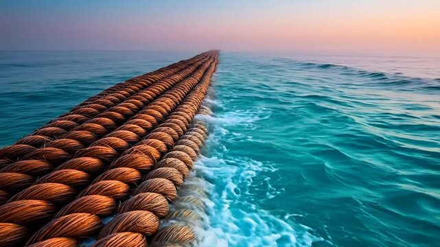 Close up of parallel ropes extending over water towards horizon at sunrise or sunset