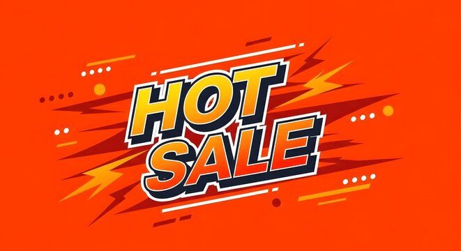 Hot sale banner with lightning and dots on orange background, representing a special offer or promotion event