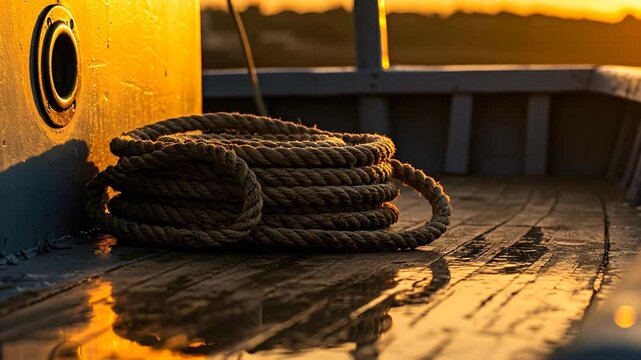 Coiled rope on a wooden surface during golden hour sunlight