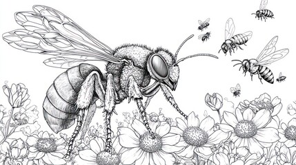 Obraz premium Bee on flowers, others fly, sketched for coloring or educational use