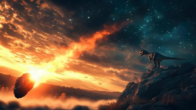 Ancient cosmic strike: extinction layer, prehistoric period, fossil imprint, dinosaur disappearance, geologic frontier, species downfall, atmospheric change, meteor force, Earth impact,