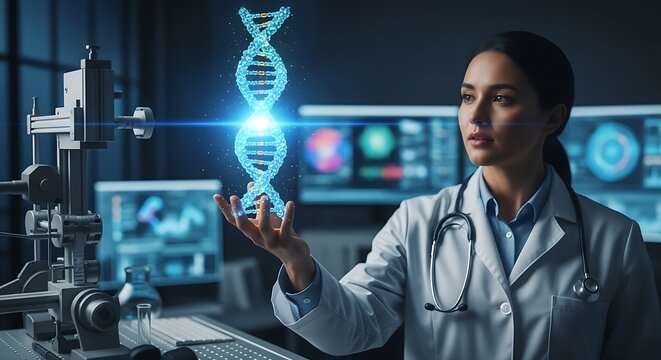 Scientist examining a glowing DNA helix in a futuristic laboratory with advanced technology. - Powered by Adobe