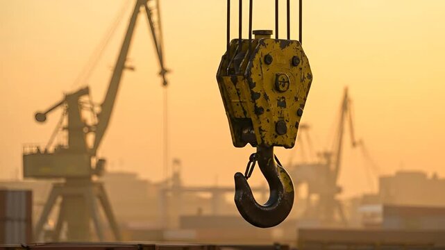 Industrial crane hook close up against silhouetted cranes at sunset