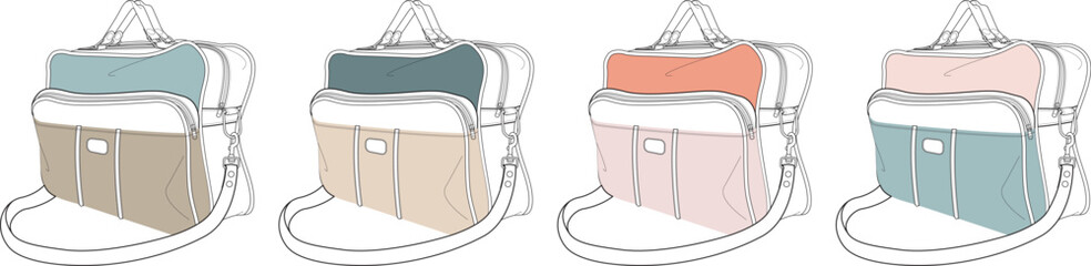 Collection of stylish baby diaper bag illustrations in different color palettes. Vector design concept set for parenting and baby care accessories