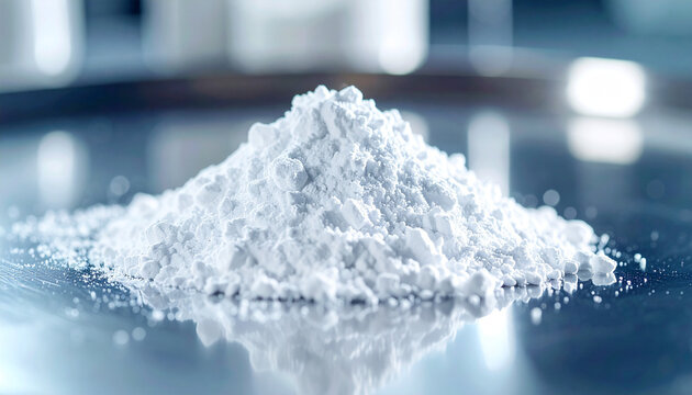Small pile of white research powder on metal plate, sterile and analytical composition.