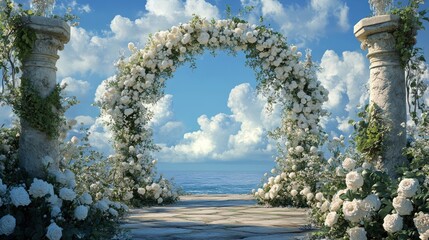 Fototapeta premium Flower archway on stone platform by the sea with a cloudy sky background