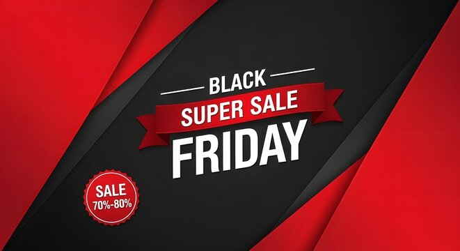 Black friday super sale banner with red ribbon and discount offer, dynamic design with red and black abstract background, perfect for advertising and promotions