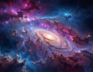 Vivid, swirling galaxy with nebulae and bright core, cosmic expanse