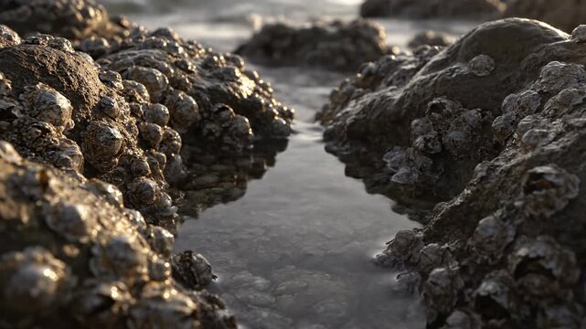 Detailed low-angle shot revealing a small tide pool forming on barnacle-covered rocks as the ocean water slowly retreats, lit by soft afternoon light outdoors, abstract, surface