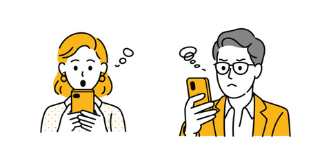 Two people, a woman and a man, looking at their smartphones with confused and surprised expressions,Vector Illustration isolated on transparent background