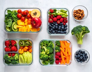 Variety of fresh, colorful, and healthy fruits and vegetables arranged for meals