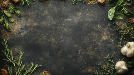 Fresh herbs and garlic frame on dark background, food photography, recipe template