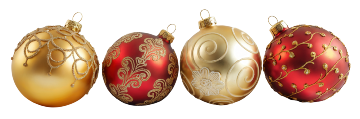 Four ornate oval shaped christmas ornaments in gold and red with intricate patterns isolated on transparent background