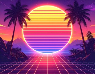 Synthwave inspired scene with palm trees, sunset, grid, and mountains