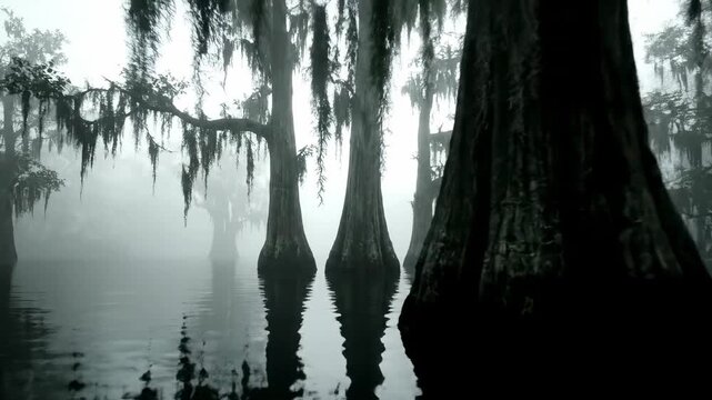 Dolly shot moving slowly through an eerie, fog-shrouded swamp, revealing ghostly tree trunks draped with Spanish moss solitude, ethereal, film background
