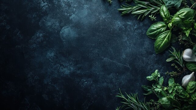 Fresh herbs and garlic on dark background, food blog, recipe - Powered by Adobe