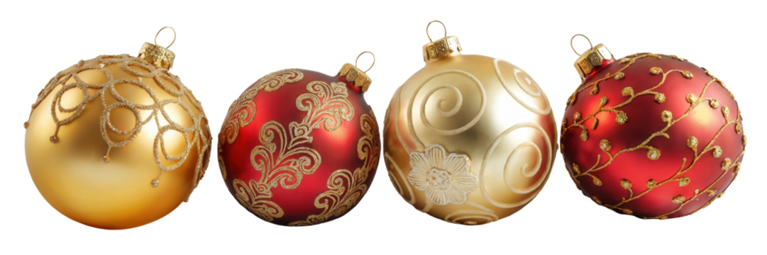 Four ornate oval shaped christmas ornaments in gold and red with intricate patterns isolated on transparent background