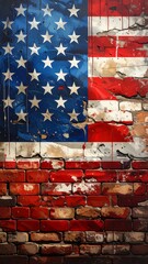 USA flag illustration painted on a weathered, red brick wall
