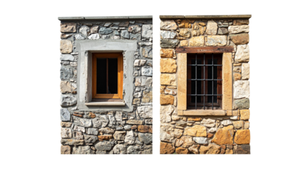 Two rustic stone walls with small windows, isolated on transparent background