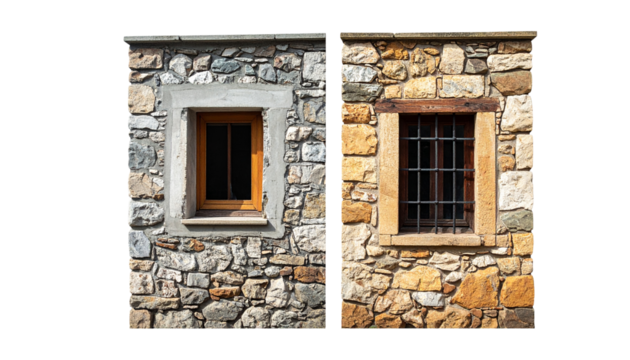 Two rustic stone walls with small windows, isolated on transparent background - Powered by Adobe