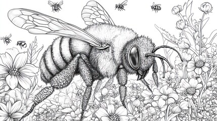 Detailed bee on flowers, flying insects, sketched art for coloring, educational use