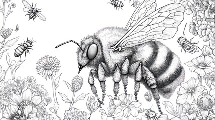 Bee flying in a flower garden. Illustration for coloring book