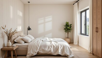 Bright Minimalist Bedroom Interior with Natural Light and Cozy Textures in Modern Home