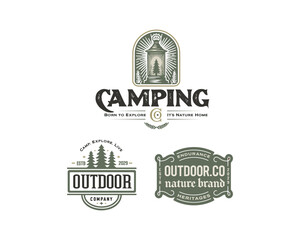 Outdoor mountains Summer Camp badges or Patches. vector emblem designs.