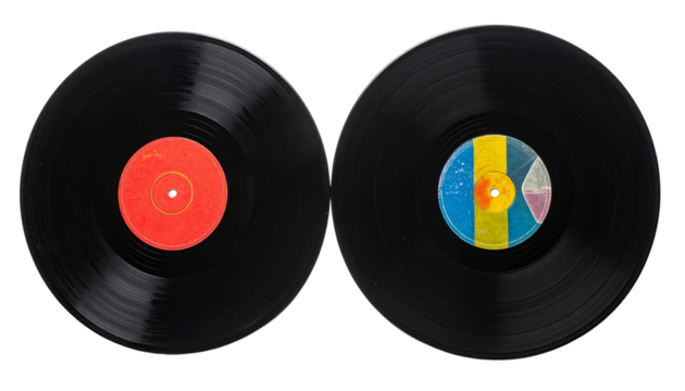  Two vintage black vinyl records with colorful labels, isolated on transparent background