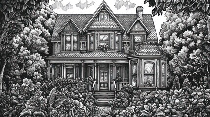 House with trees, drawn for home sale or history with cloudy sky backdrop