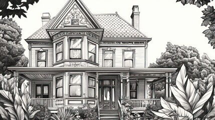 Victorian home illustration, viewed straight on; plants surround. Possible architectural use