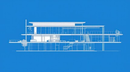 Modern house blueprint cross section on blue background, used for planning