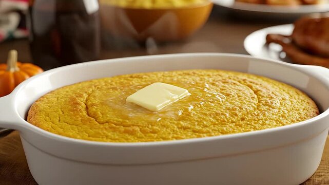 Freshly baked cornbread in a white dish with butter