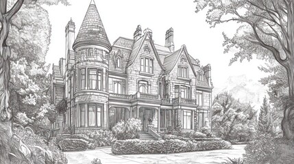 Stone mansion with turrets surrounded by trees, possible real estate use