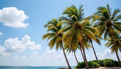 Obraz premium Lush Palm Trees Against a Bright Blue Sky Overlooking the Tranquil Ocean at a Tropical Beach