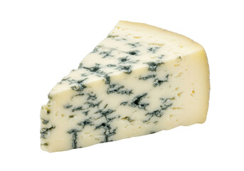 Perfectly cut triangular gourmet blue cheese, Roquefort type, creamy paste with vibrant dark blue-green mold, macro close-up against a transparent background, concept of gourmet culinary delight