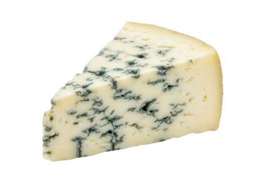 Perfectly cut triangular gourmet blue cheese, Roquefort type, creamy paste with vibrant dark blue-green mold, macro close-up against a transparent background, concept of gourmet culinary delight