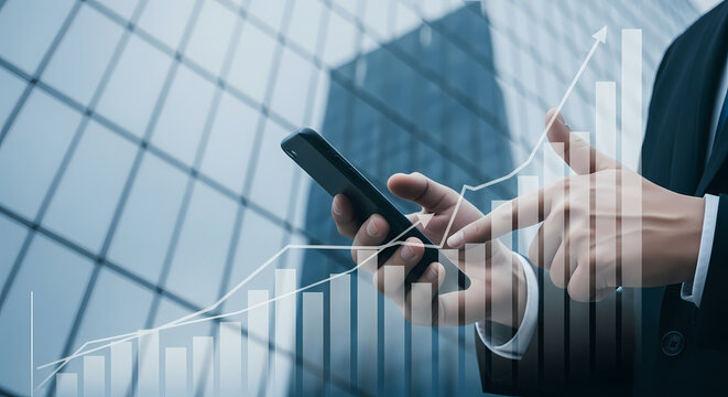 A businessman analyzes financial data on a smartphone with a rising graph overlay, showcasing business growth and technological advancements in the modern world.