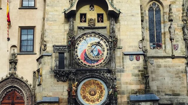 Prague Astronomical Clock Orloj Medieval Tower Zodiac Calendar Gothic Architecture Historic Monument Czech Landmark. 4K Video