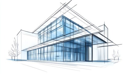 Building sketch shows architecture with trees in the background for design presentations