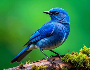 Vibrant blue avian sits on a branch with a soft green bokeh background