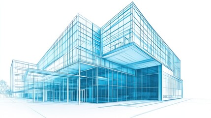 Blue glass building design. Construction concept, architectural plan, white background. Use presentations