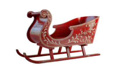 Ornate red christmas sleigh with intricate gold detailing isolated on transparent background