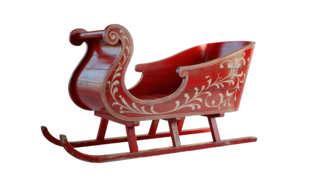 Ornate red christmas sleigh with intricate gold detailing isolated on transparent background