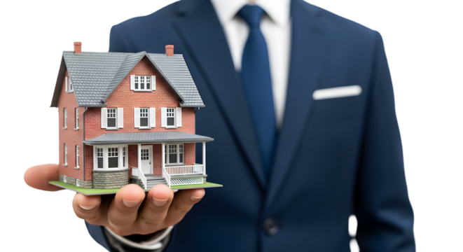 Real Estate Model Presentation: Business Professional Holding Miniature House on White Background