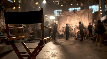 Director’s chair on a film set with blurred crew and studio lights in the background