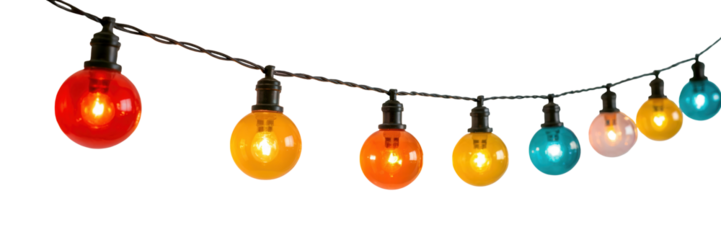 Colorful oval shaped christmas lights string illuminated festive decoration isolated on transparent background