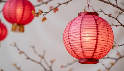 Obraz premium Vibrant Red Lanterns Hanging from Branches Creating a Festive Atmosphere for Celebrations