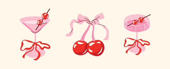 Coquette Aesthetic Elements Set. Retro Pink Cake, Cherry Bows, Martini Cocktail, House, and Love Letter Vector. Valentine and love concept